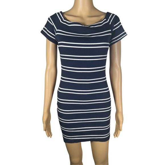ASTR The Label Dresses & Skirts - ASTR The Label Women's Blue & White Boat Neck Striped Bodycon Mini Dress Small